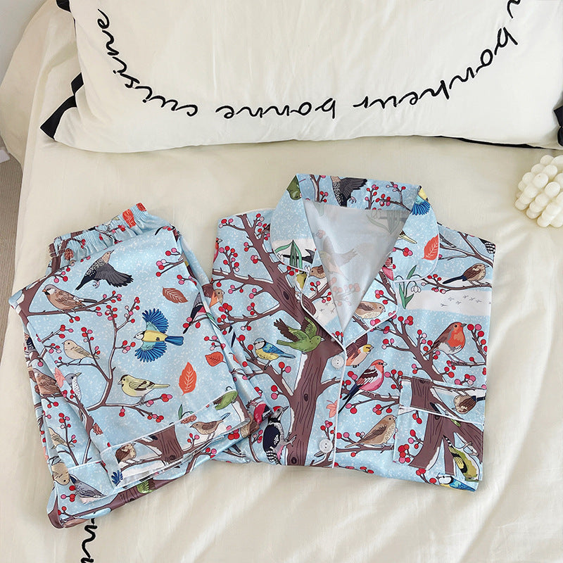 Ice Silk Pajamas Women's Long-sleeved Bird And Flower Painting Homewear