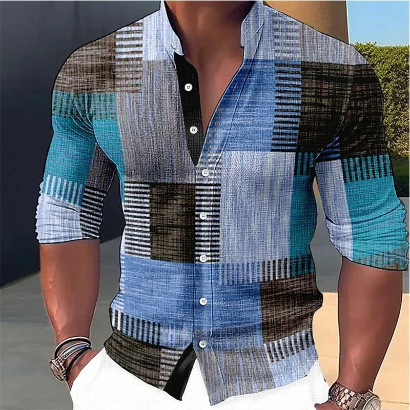 Men's Fashion Music Print Casual Stand Collar Long Sleeve Shirt