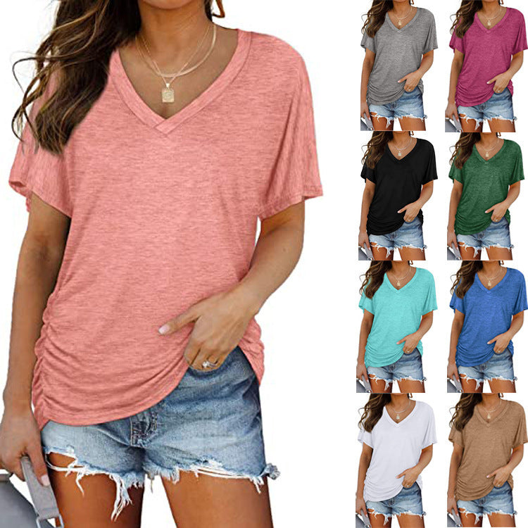 European And American T-shirt Solid Color Casual Loose-fitting V-neck Top