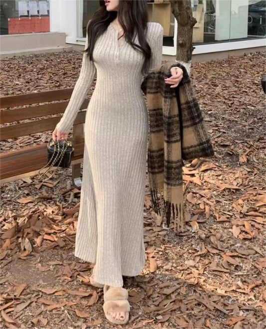 French Style Knitted Lady Dress For Women In Autumn And Winter New Style Coat With Bottoming Slim Long Skirt