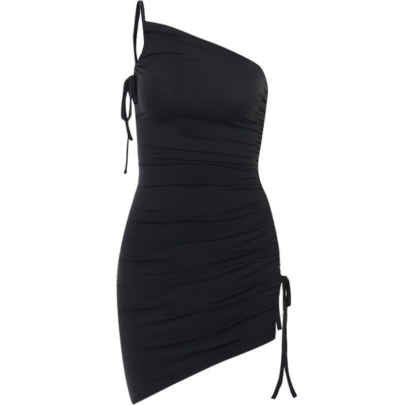 Summer Slim-fit Waist One-shoulder Pleated Design Sheath Dress