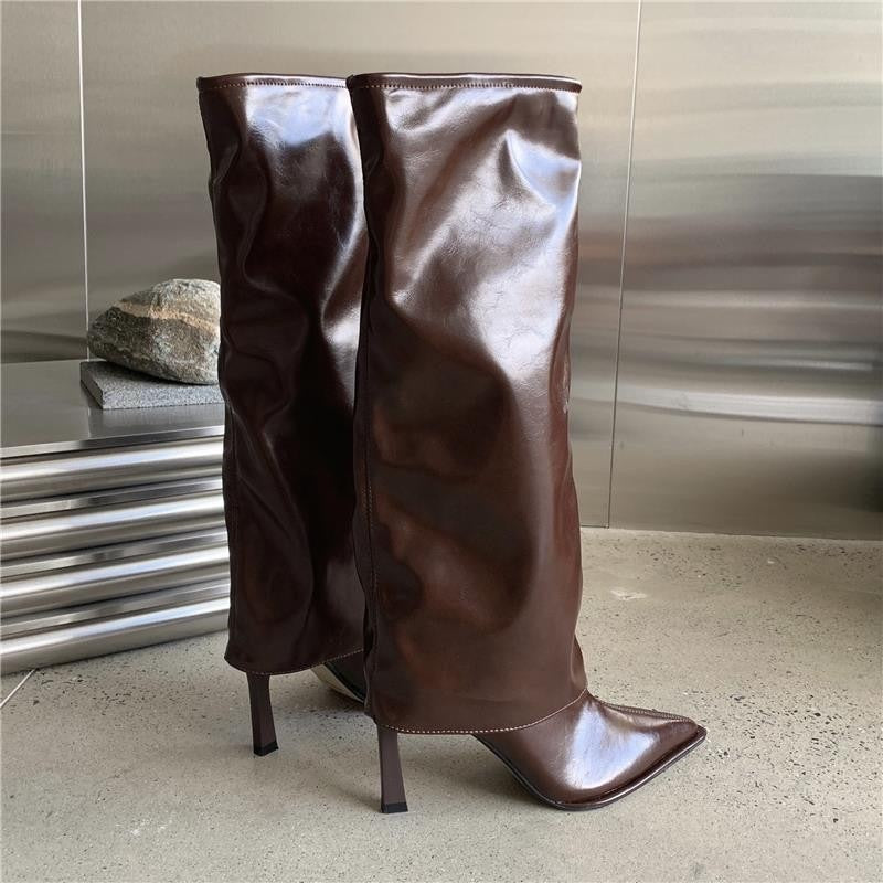 Patent Leather Pointed Toe Pantyhose Boots Stiletto High