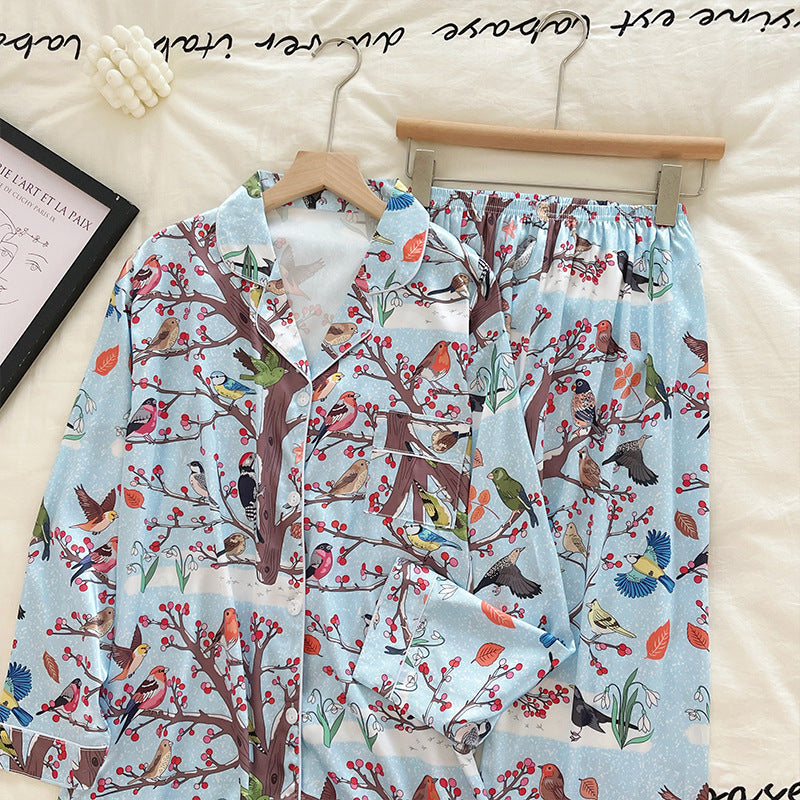 Ice Silk Pajamas Women's Long-sleeved Bird And Flower Painting Homewear