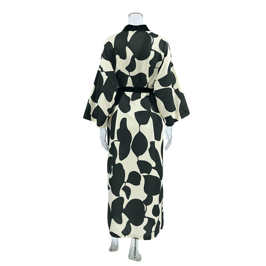 Casual And Comfortable Women's Loose Printed Long-sleeved Cardigan Lace-up Nightgown