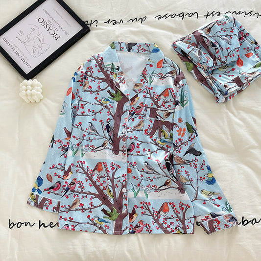 Ice Silk Pajamas Women's Long-sleeved Bird And Flower Painting Homewear