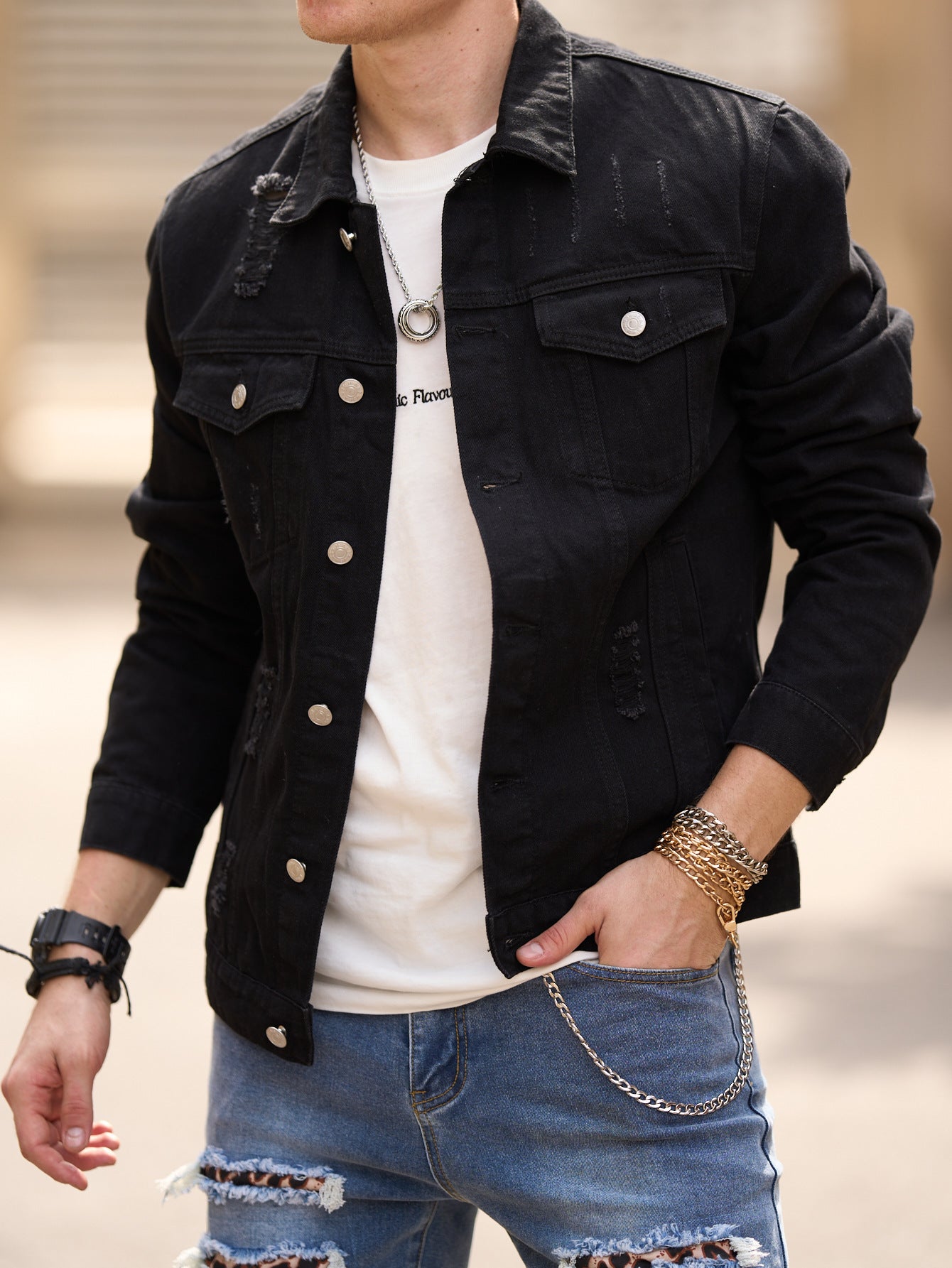 Spring And Autumn Men's Casual Jacket Youth Slim Fit Fashion Ripped Denim Coat