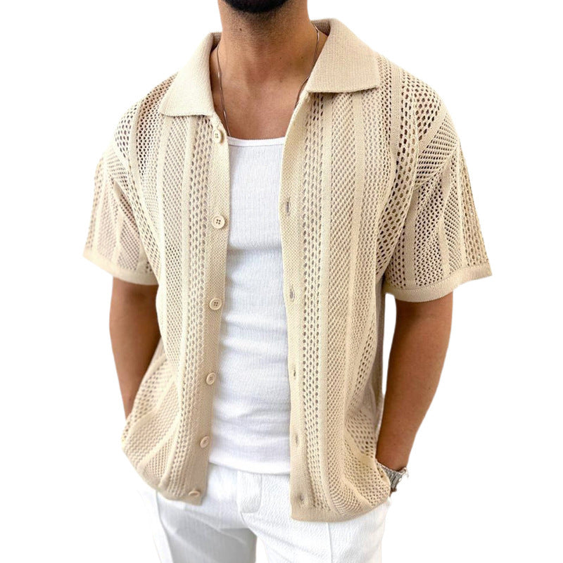 Men's Thin Sweater Lapel Short Sleeve Hollow Cardigan