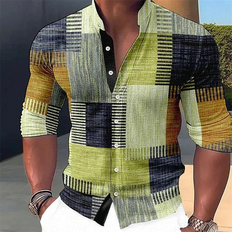 Men's Fashion Music Print Casual Stand Collar Long Sleeve Shirt