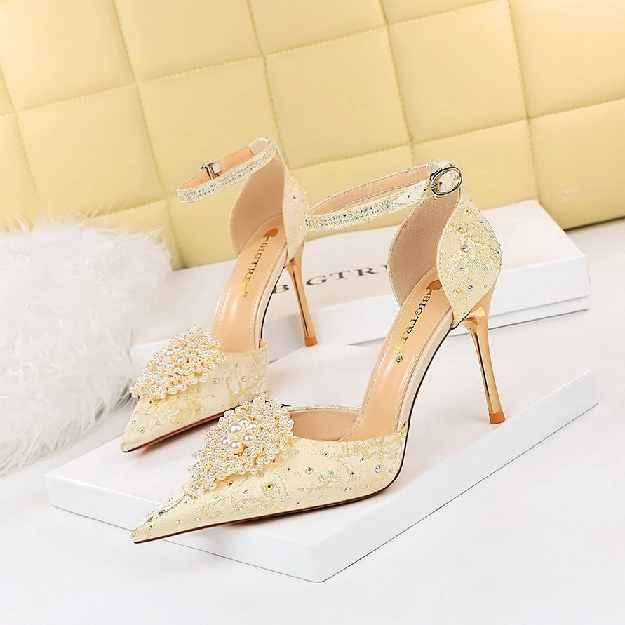 Low-cut Hollow One-word With Pointed Toe Rhinestone Pearl Flower Sandals High Heels