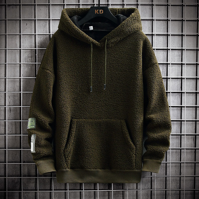 Men's Hooded Drawstring Pocket Lamb Wool Sweatshirt Velvet Padded Thickened Coat