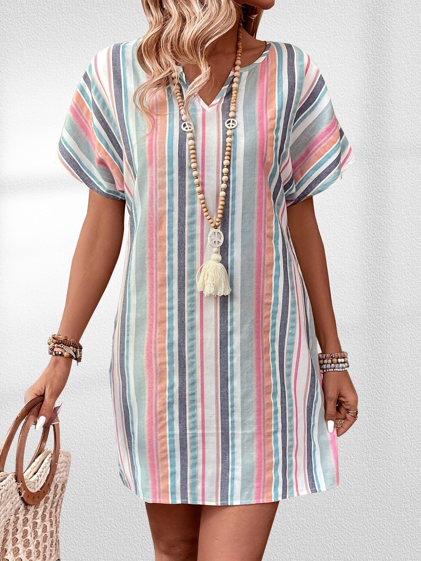 Fashion Color Striped V-neck Casual Short Sleeve Dress