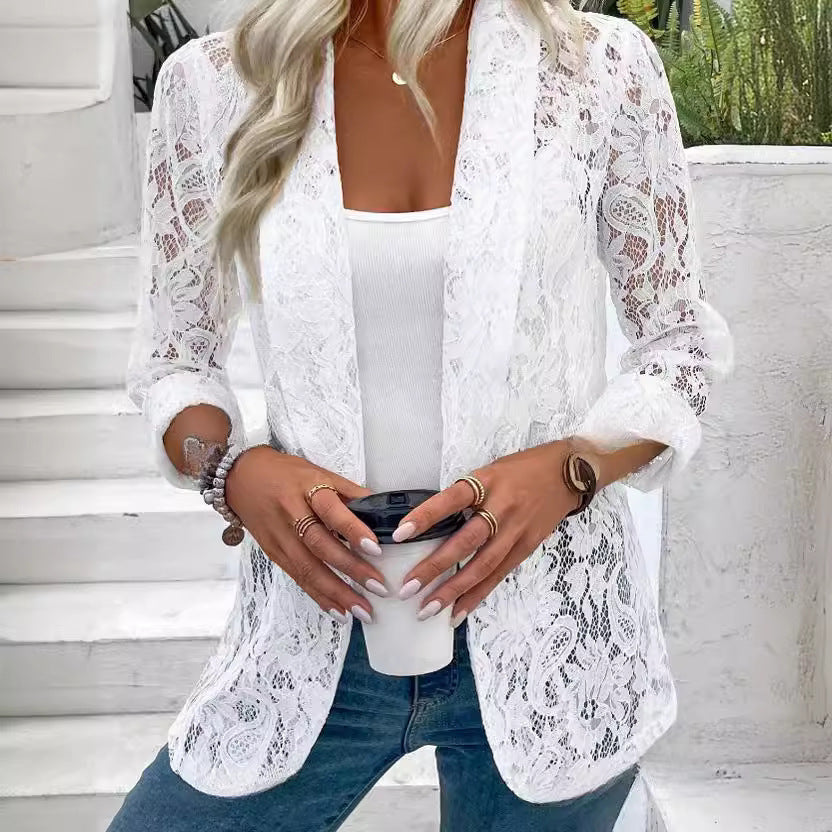 Spring And Summer Small Suit, Fashionable And Versatile Solid Color Lace Shirt Jacket