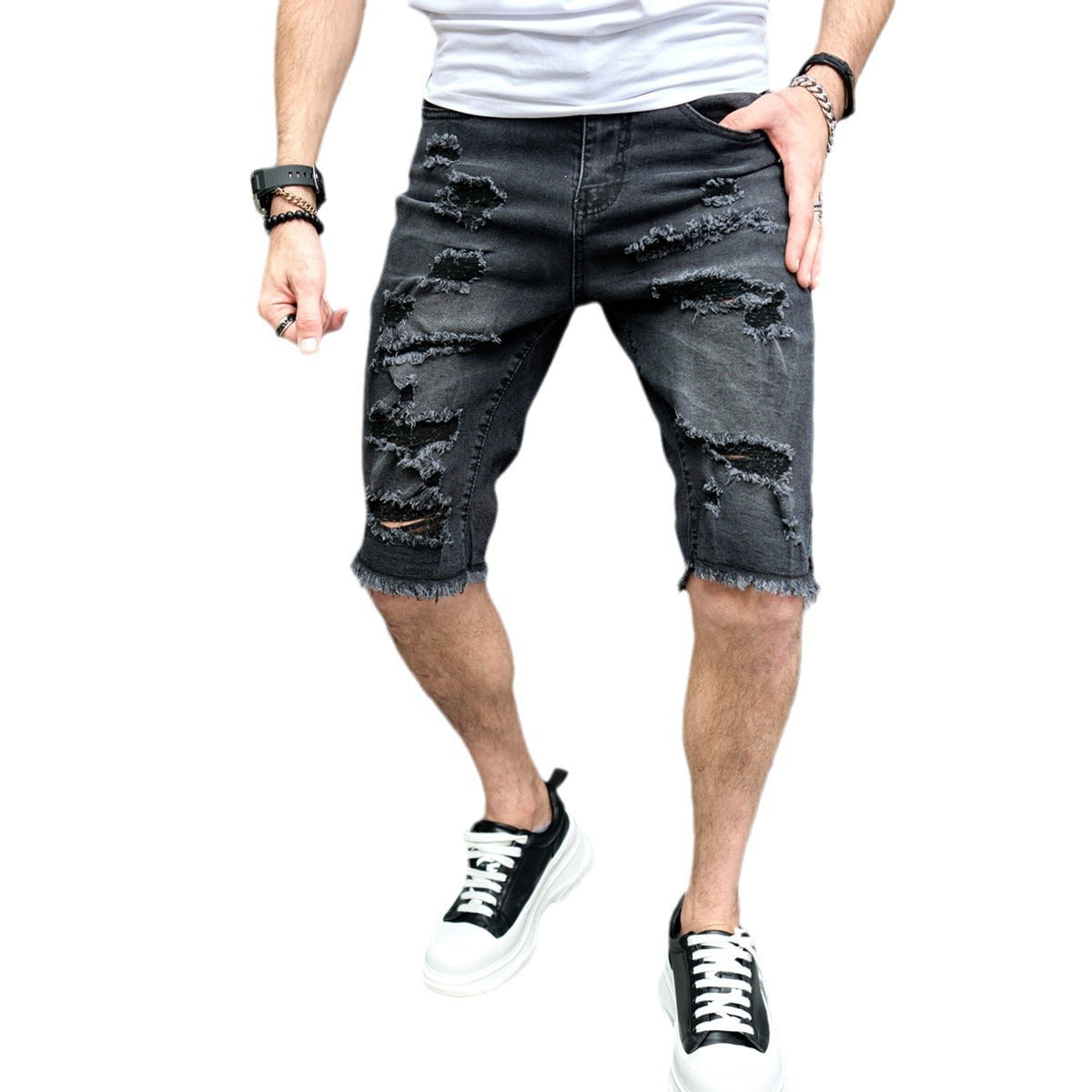 New Men's Five-point Slim Fit Skinny Scrape Denim Shorts