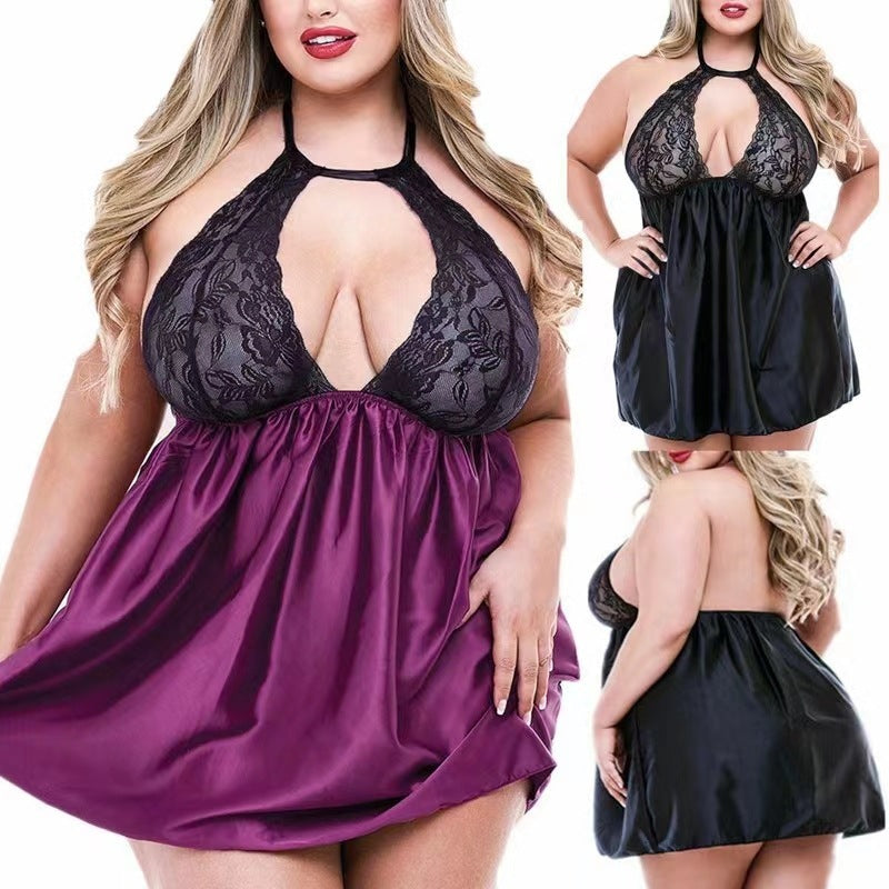 Plump Lingerie Sexy Fat Lady Lace Nightgown Sheer Cutout Home Pajamas